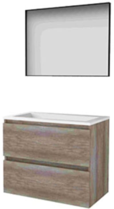 Basic-Line Framed 46 Badkamermeubelset - 80 x 46 cm - Greeploos - 2 Lades - Acryl Wastafel - Zonder Kraangat - Spiegel met Zwart Aluminium Frame - Scotch Oak
