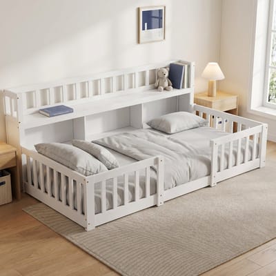 Montessori Vloerbed 90x200 cm - Kinderbed met boekenkast en Lattenbodem - Eenpersoonsbed met Uitvalbeveiliging - Hout - Wit