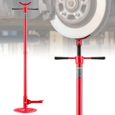 VEVOR Ondersteunende Krik 750 kg, in hoogte verstelbaar (1320–2032 mm) met kogelgelagerde draaihendel en pedaal, voor het ondersteunen van voertuigonderdelen en autoreparaties.