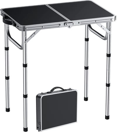Campingtafel opvouwbaar 58 x 40 cm, multifunctionele grilltafel met 3 hoogte-instellingen (26/48/67 cm), lichtgewicht aluminium en MDF, ideaal voor picknick en buitenactiviteiten