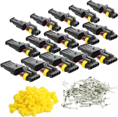 Set van 15 Waterdichte Snelle Stekkers en Kabelverbindingen voor Auto's, Motoren en Boottoepassingen (5 x 2 Pin, 5 x 3 Pin, 5 x 4 Polen, Gele Seal)