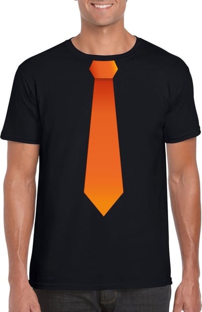 Bellatio Decorations t-shirt met oranje stropdas - zwart - voor heren - Oranje Koningsdag - Holland supporter kleding - Carnaval S