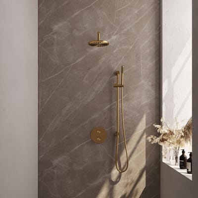 Brauer Gold Edition thermostatische inbouw regendouche 3-weg rond SET 87 met 20 cm douchekop en gebogen muurarm en staaf handdouche en doucheslang en geïntegreerde glijstang goud geborsteld PVD