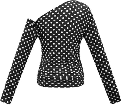 Gimme - Off-Shoulder Polkadot Longsleeve – Trendy Top met Stippenprint – Modieus Shirt met Lange Mouwen - Zwart - Maat M