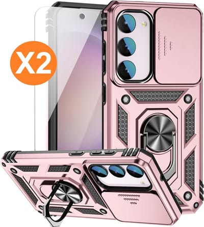 Hoesje Geschikt Voor Samsung Galaxy S23 FE hoesje Rose Goud met Ring Houder en camera bescherming - Met Screenprotector - 2 stuks