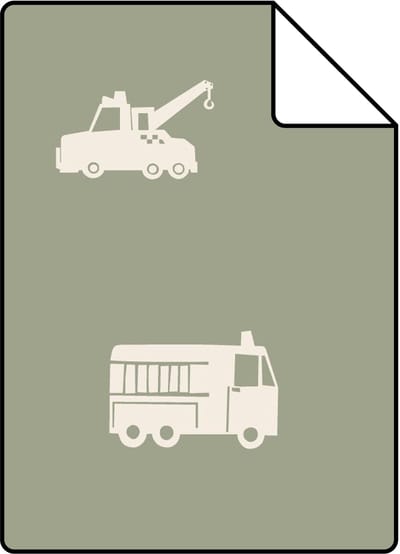 Proefstaal ESTAhome behang auto's, brandweerauto's, helikopters en kranen vergrijsd groen - 26.5 x 21 cm - 131454-S