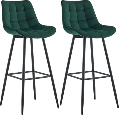 CLP Dartford Set van 2 barkrukken - Met rugleuning - Met voetsteun - Metalen frame - groen Fluweel
