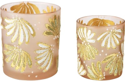 Dekoratief | Set 2 theelichthouders 'Glitter Fan', roze/goud, glas, 9x9x10cm | A255290