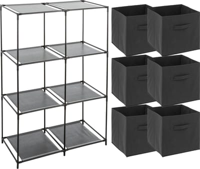 5Five Kastmandjes/opberg manden - donkergrijs - 6x stuks van 29L - Metalen rekje is 68 x 98 cm