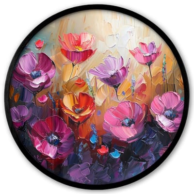 Poster in lijst Rond - Fotolijst 40x40 cm - Posters - Bloemen - Paars - Kleurrijk - Handgeschilderd - Kunst - Ronde posterlijst zwart - Decoratie - Wanddecoratie woonkamer - Muurdecoratie slaapkamer