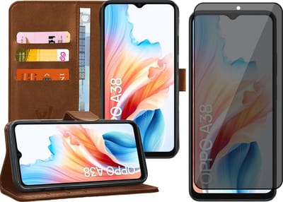 Hoesje geschikt voor Oppo A38 4G / A18 - Privacy Screenprotector Volledig Dekkend Glas - Portemonnee Book Case Bruin
