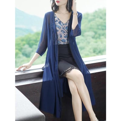 Zijden vestjas voor dames, zomerse middellange tot lange stijl, gecombineerd met rok, gedrapeerd met moerbeizijde, airconditioning shirt, en bovenkleding L Vloot
