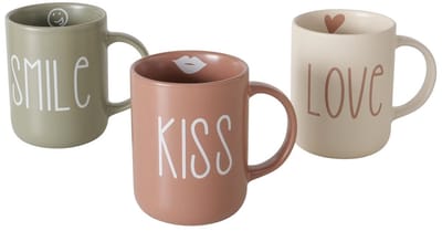 Boltze - Set van 3 - Mokken - Bekers - Keramiek - 420 ml - 12,5x8,5x11 cm – Smile, Kiss, Love