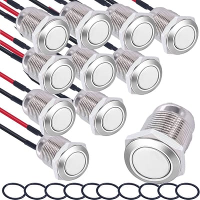 Dailygoods - 10x Waterdichte Knoppen - RVS, 12mm, Voorgewired, Drukknop 2A/12V/24V/125V/250V