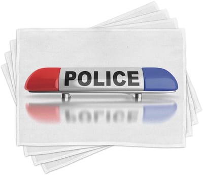 ABAKUHAUS politie-placematten, politieauto-sirenes op puntmutsen, met ronde rode en blauwe kunstwerken. Tiscjdeco uit kleurvaste stof voor eetkamer en keuken, wit, blauw en rood