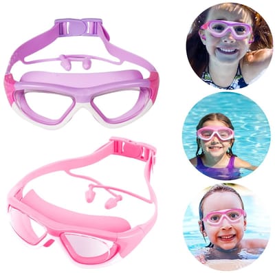 Set van 2 zwembrillen – Duikmaskers – Zwemkleding voor kinderen – Verstelbare siliconen banden – Zwemaccessoires – Inclusief oordopjes – Anti condensglazen – Gespsluiting – Unisex – Leeftijd 3–15 jaar (14,5 x 5,5 cm – Roze, Paars)