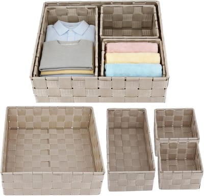 Set van 8 Beige Gevlochten Opbergdozen, Rieten Uiterlijk, Vierkante Dozen met Metalen Frame voor Organisatie en Opslag, 28 x 28 x 10 cm, 26 x 13 x 9 cm, 13 x 13 x 9 cm