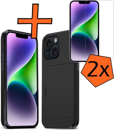 Hoesje Geschikt voor iPhone 14 Hoesje Pasjeshouder Shockproof Hard Case Met 2x Screenprotector - Hoesje Geschikt voor iPhone 14 Hoes Met Kaarthouder - Zwart