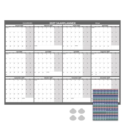 Huurdies Jaarplanner 2027 – Maandagstart – Inclusief Planningsstickers & Ophangstickers – 115 g/m² Blueback – Weekenden Gekleurd – Onyx