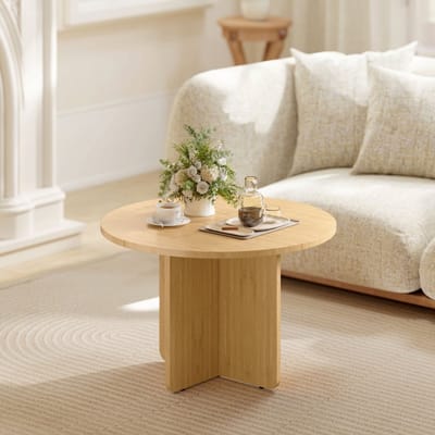 MODFU Ronde Salontafel - Kruispoot - Minimalistisch - Voor Woonkamer - Bamboe - Naturel - 66 X 66 X 45 Cm