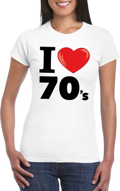 I love 70's thema t-shirt - wit - voor dames - Seventies verkleedkleding - korte mouwen S