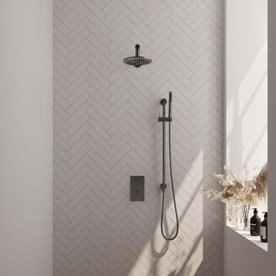 Brauer Gunmetal Carving thermostatische inbouw regendouche 3-weg omstelling SET 37 met 20 cm douchekop en rechte muurarm en staaf handdouche en doucheslang en geïntegreerde glijstang gunmetal geborsteld PVD