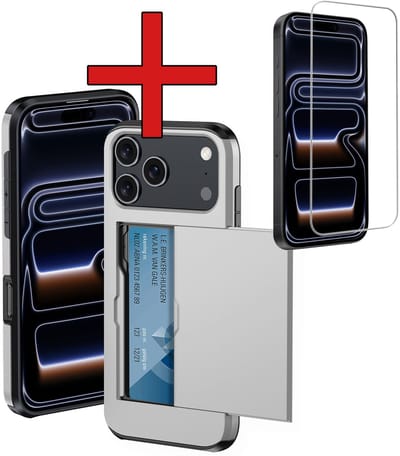 Hoesje Geschikt voor iPhone 17 Pro / 18 Pro Hoesje Met Pasjeshouder Hard Case Met Kaarthouder Met Screenprotector - Hoes Geschikt voor iPhone 17 Pro / 18 Pro Hoesje Pashouder Case - Grijs