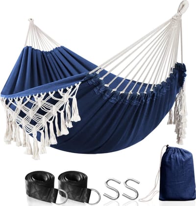 Hangmat Eenpersoons - Blauw Met Leuke Details - Bijpasende opbergtas - 180 KG - Gemaakt Van Katoen - Met Bevestigingsmateriaal - Inclusief Mooie Stoffen Opbergzak