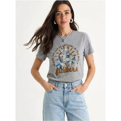 Bloemige Gebreide T-shirt met Ronde Hals