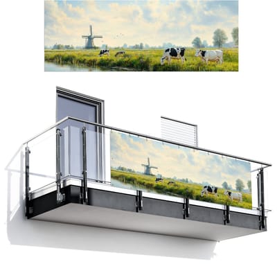Balkonscherm 300x110 cm - Balkonposter Koeien - Windmolen - Weide - Blauw - Balkon scherm decoratie - Balkonschermen - Balkondoek zonnescherm