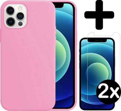 Hoesje - Met 2x Screenprotector - Geschikt voor Apple iPhone 12 Pro - Sterk & Shockproof - Telefoon Hoes - Back Cover - Siliconen Case - Telefoonhoes - Lichtroze