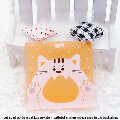 50x Deels Transparante Uitdeelzakjes Kat Design Roze - Oranje - 7 x 7 cm met plakstrip - Cellofaan Plastic Traktatie Kado Zakjes - Snoepzakjes - Koekzakjes - Koekje - Cookie Bags - Cat - Poes