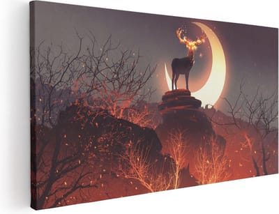 Artaza Canvas Schilderij Hert - 40x20 cm - Klein - Wanddecoratie Vurig Gewei - Muurdecoratie Maan - Schilderijen Dieren