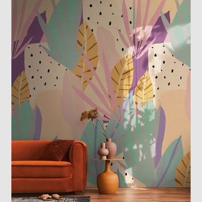 TROPISCH BLADMOTIEF FOTOBEHANG | Pasteltinten - Meerkleurig Beige Lila Oranje Blauw - A.S. Création Anna D'Andrea