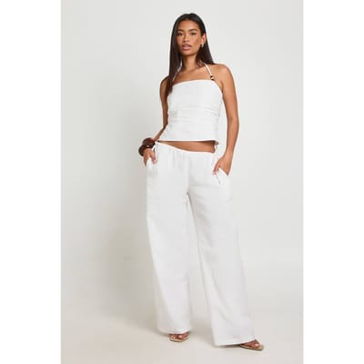 boohoo Dames Linnen-look Broek Met Lage Taille En Strikdetail Aan De Zijkant | Ecru | Maat: 44