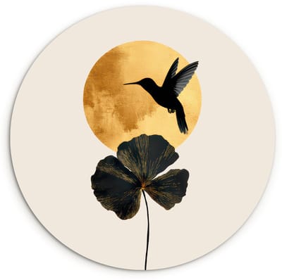 WallCircle® Wandcirkel 120x120 cm - Muurcirkel Zwarte kolibrie - Bloem - Gouden cirkel - Muurdecoratie woonkamer - Wanddecoratie slaapkamer - Kamer decoratie accessoires - Ronde schilderijen XXL