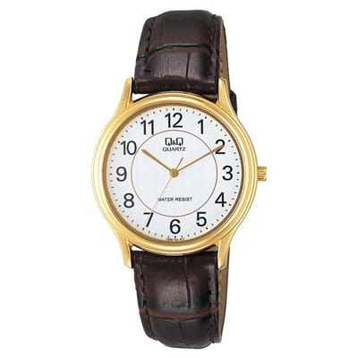 Q&Q VG66J104Y - Horloge - Heren - Mannen - Leren band - Rond - Metaal - Cijfers - Bruin - Goudkleurig - Wit - 3ATM