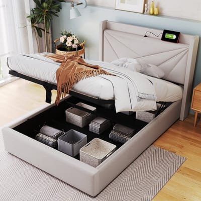Sweiko Gestofferd bed Eenpersoonsbed Opbergdoos met USB Type-C oplaadfunctie Hoofdbord, opbergbed Linnenmateriaal bedstead 90x200cm jeugdbed met Flat noedels grille Beige (geen matras)