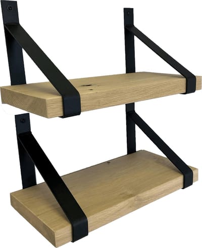 GoudmetHout® Wandplank Set Industrieel - 50 x 25 cm Muurplank - Eiken Hout - Decoratie Wandrek & Boekenrek - Set van 2 Hangplanken Keuken - Wall Shelf + 2 Plankdragers van Ruw Staal