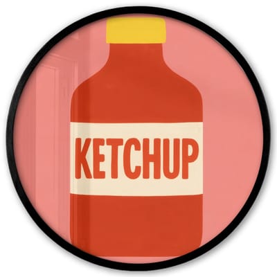 Poster in lijst Rond - Fotolijst 40x40 cm - Posters - Ketchup - Fles - Rood - Minimalistisch - Ronde posterlijst zwart - Decoratie - Wanddecoratie woonkamer - Muurdecoratie slaapkamer