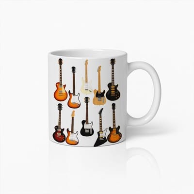 Elektrische Gitaar Design Witte Mok 330 ml – Rock Muziek Koffiemok met Meerdere Gitaren – Perfect Cadeau voor Gitaristen & Muziekliefhebbers