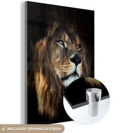 MuchoWow® Glasschilderij 90x120 cm - Schilderij acrylglas - Leeuw - Vacht - Zwart - Foto op glas - Schilderijen