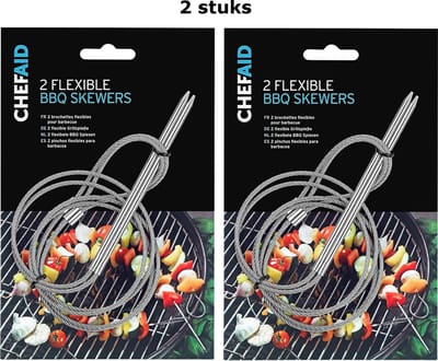 2 x Chef Aid Spiesjes Barbecue | 4 Flexibele Spiesjes | 65 cm RVS | Ruimtebesparende Spiesjes | Geschikt Voor Elk Type Barbecue | Niet Geschikt Voor De Vaatwasser