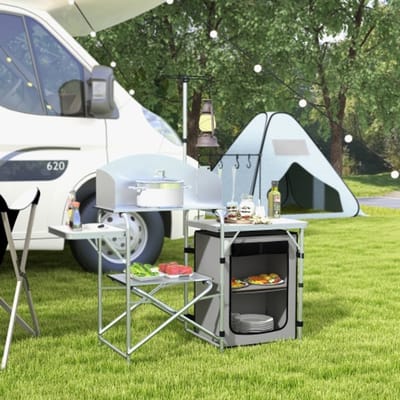 Opvouwbare campingkeuken met UV-bescherming en windscherm, buitenkeuken met 3 werkbladen en kastcompartiment, aluminium lichtstandaard