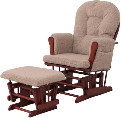 Relaxfauteuil MCW-C76, schommelstoel fauteuil + hocker stof bouclé 480g/m² Oeko-Tex ~ bruin donker frame