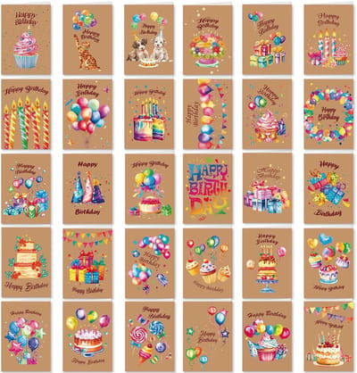 Dailygoods- Verjaardagskaarten set van 30 - Aquarel verjaardagskaarten - Wenskaarten met envelop - Verschillende ontwerpen - Voor kinderen en volwassenen - Papieren kaarten