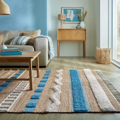 Flycarpets Laagpolig Medina Jute Weave Stripe Vloerkleed Naturel / Blauw 120x170 cm