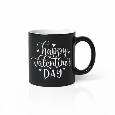 Happy Valentine’s Day Black Magic Mok 330ml – Zwarte Koffiemok met Elegante Lettering – Romantisch Cadeau voor Hem & Haar