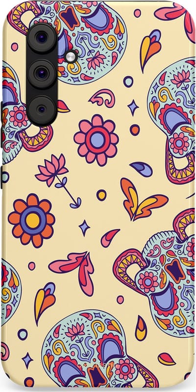 Casetastic hoesje geschikt voor Samsung Galaxy A54 (2023) 5G - Dubbellaagse bescherming - Dia de los Muertos Doodshoofd Bloemen - Fashion Case - Crème Lila Zilver