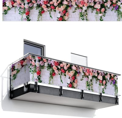 Balkonscherm 500x85 cm - Balkonposter Bloemen - Roze - Planten - Wit - Muur - Balkon scherm decoratie - Balkonschermen - Balkondoek zonnescherm